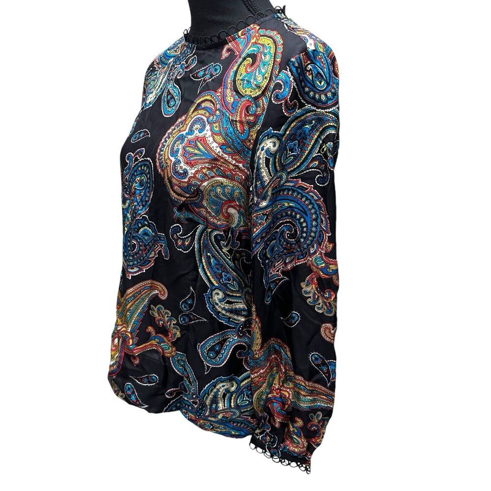 J.Crew 100% Silk Women's Size 6 Twill Top In Bold Paisley Print Black NWT - Picture 4 of 13